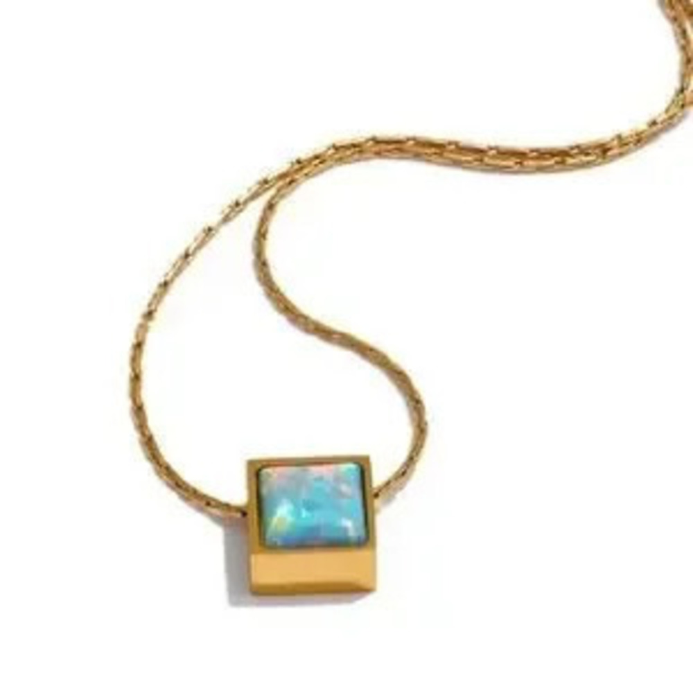 18K Gold White Green Fire Opal Square Natural Gemstone Minimalist Necklace